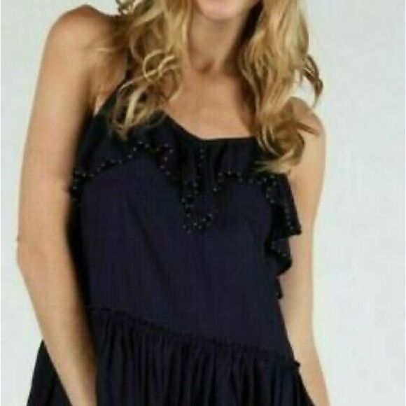 Free People Navy Racerback Tank Top Beaded and Ruffled Small - Picture 2 of 8